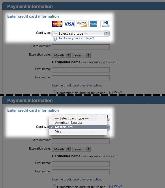 Expedia.com's credit card choosing process is odd.